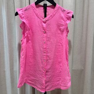 Lilly Pulitzer Linen Button Up Blouse Barbie Pink Womens Medium Ruffle Sleeve